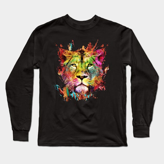 Color Explosion Lion Long Sleeve T-Shirt by Dream Artworks